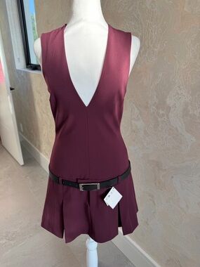Zara Deep Plum Sleeveless V-Neck Pleated Dress with Black Belt- NWT size small